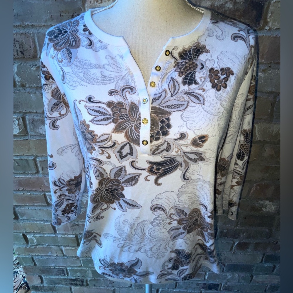Karen Scott Cream and Brown Floral Henley Blouse EUC